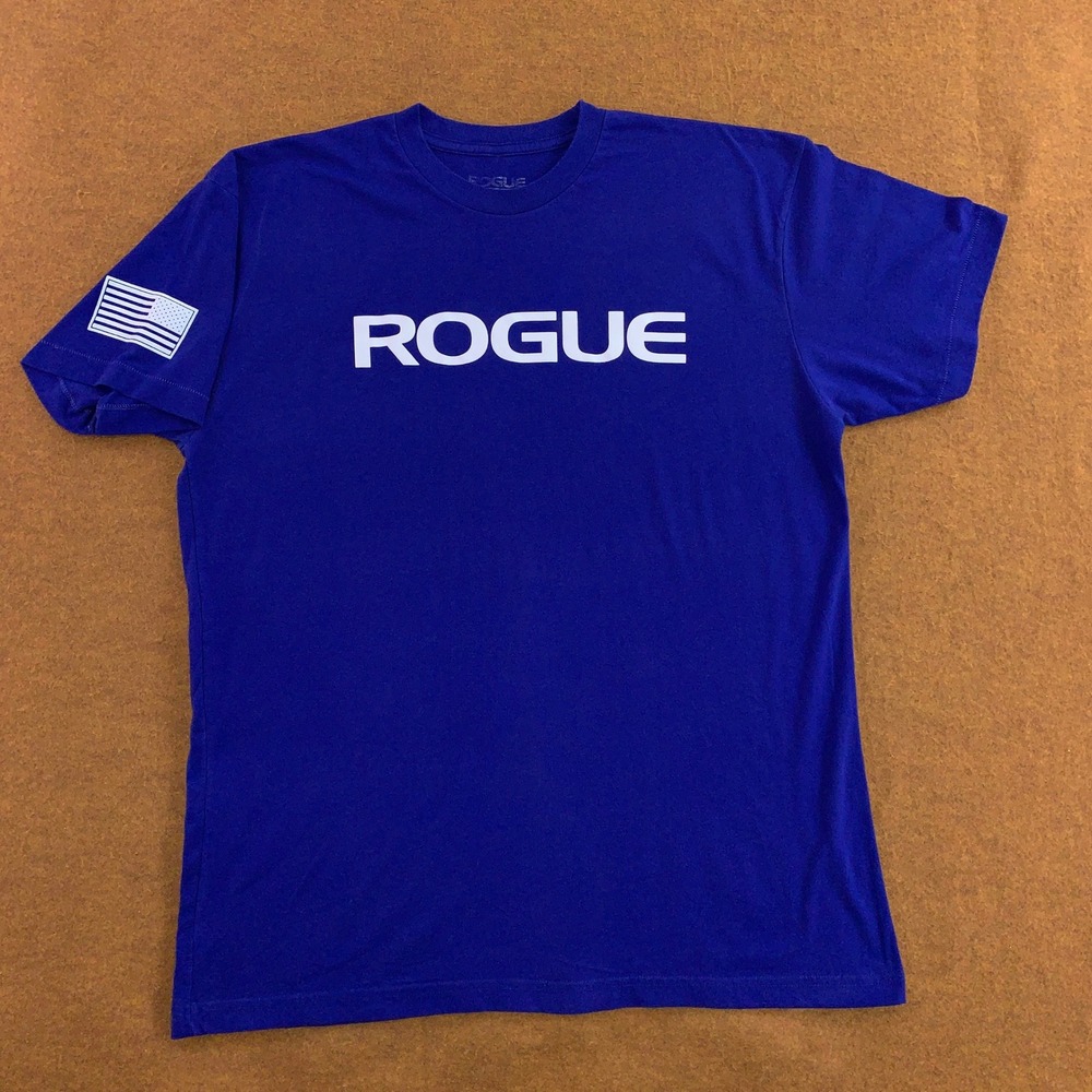 Rogue Mens XL Blue American Flag Logo Short Sleeve Athletic Gym T-Shirt